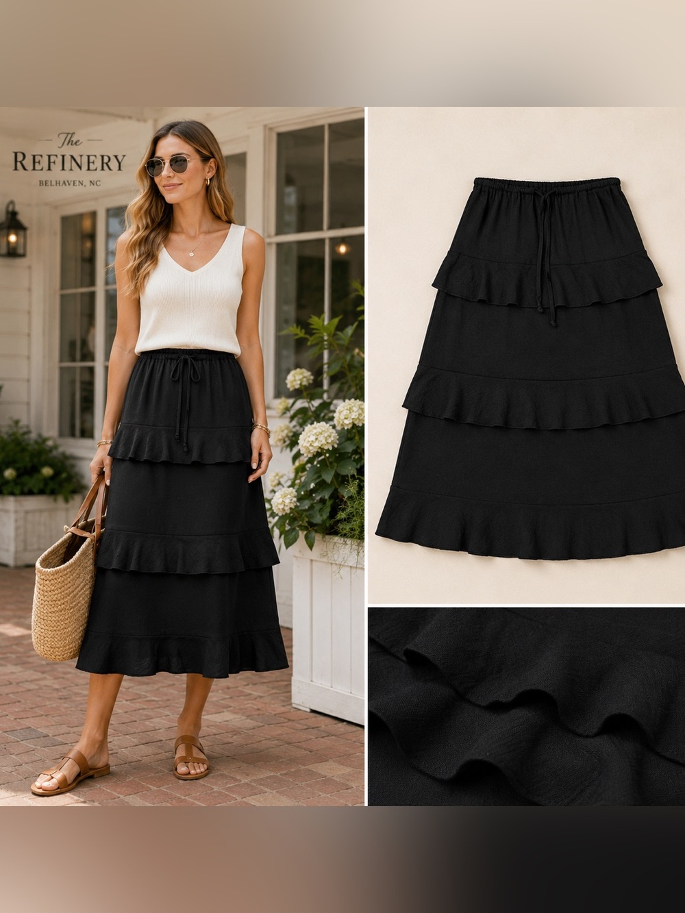 TIMING - Black Tiered Ruffle Knee Length Skirt NWT